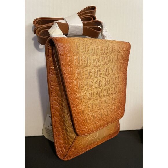 ANUSCHKA Croc Embossed Camel Genuine Leather Flap Crossbody Shoulder Bag Purse - Picture 3 of 10